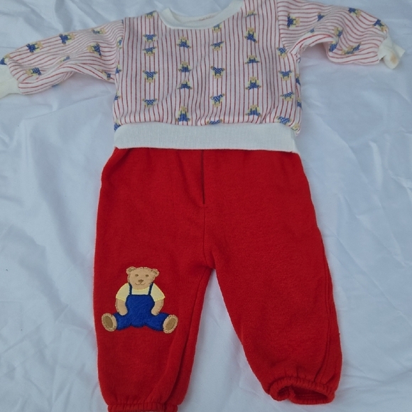 Vintage Red Baby Overalls with Bear Patch and Striped Sweater - Picture 7 of 8